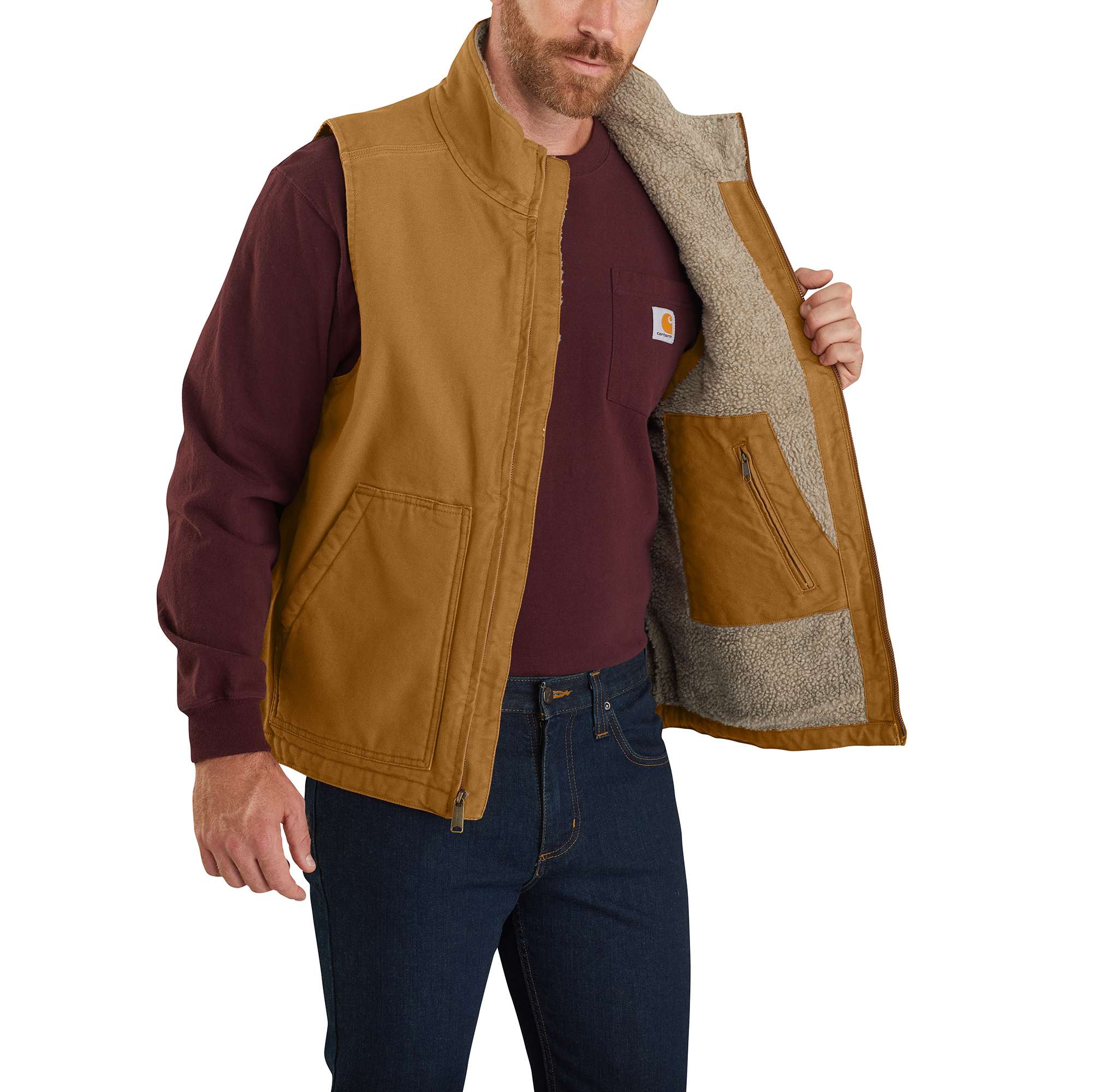 Men's washed duck sherpa-lined mock-neck vest