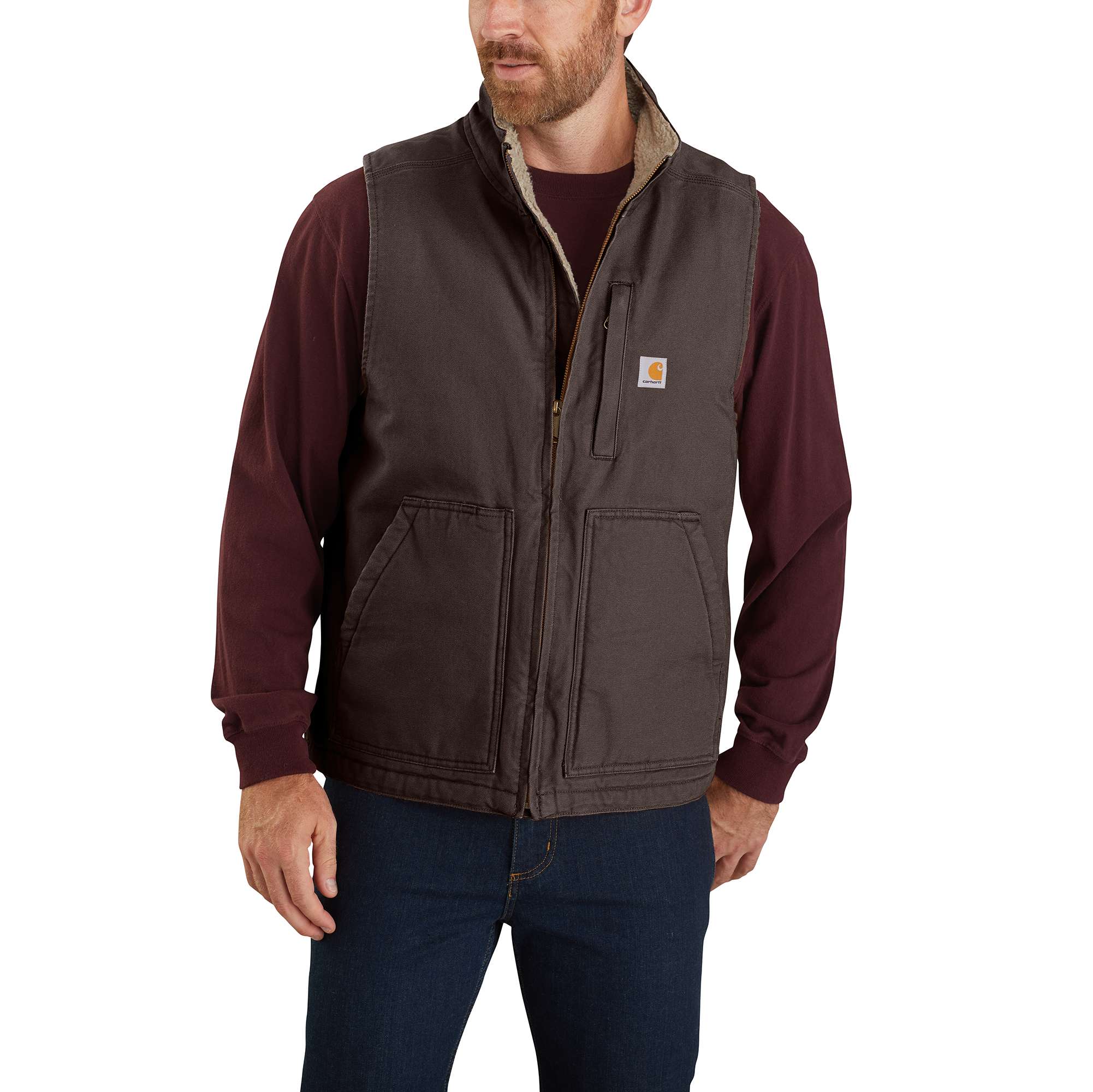 Men's washed duck sherpa-lined mock-neck vest
