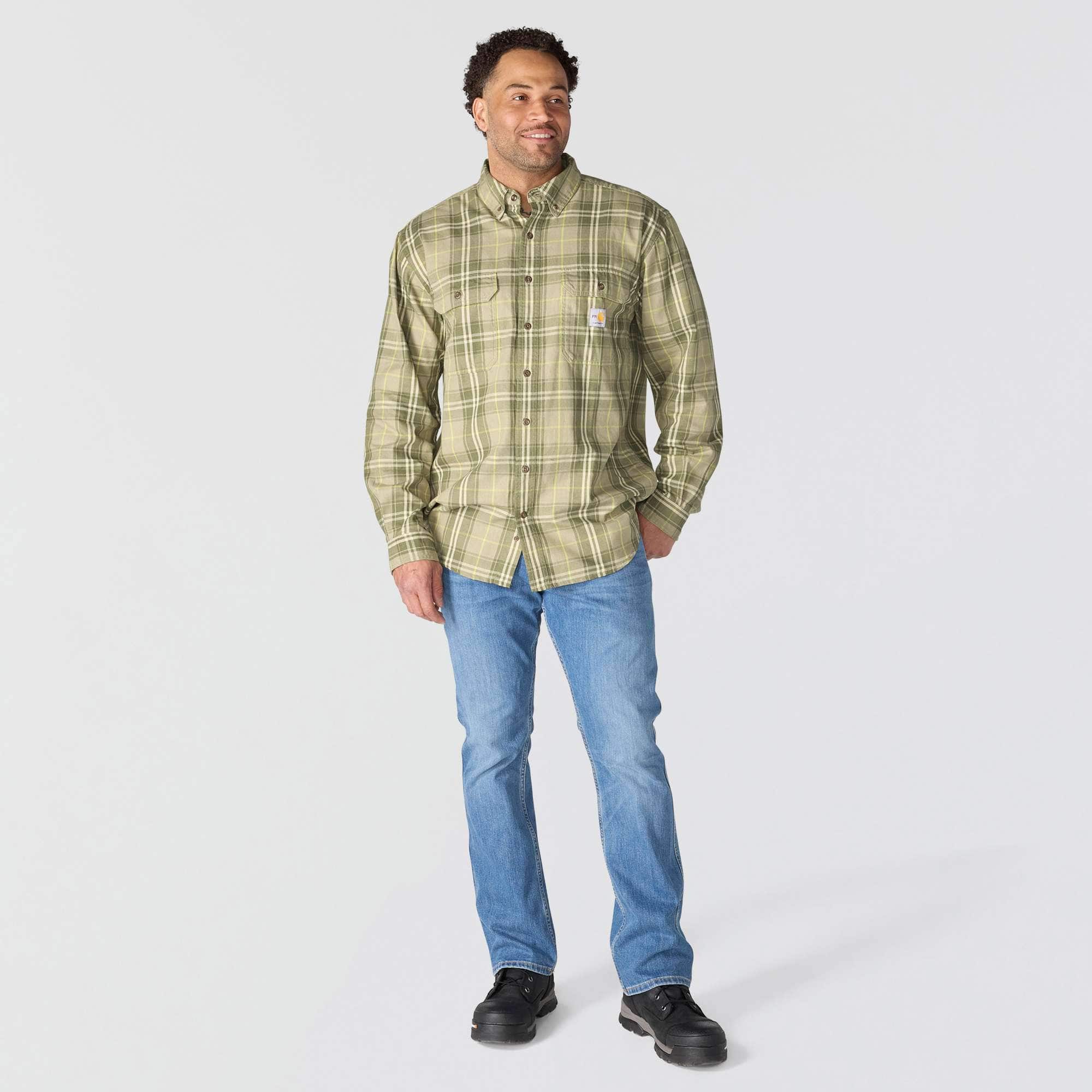 Men's fr loose fit long sleeve twill plaid shirt - flame resistant shirts 