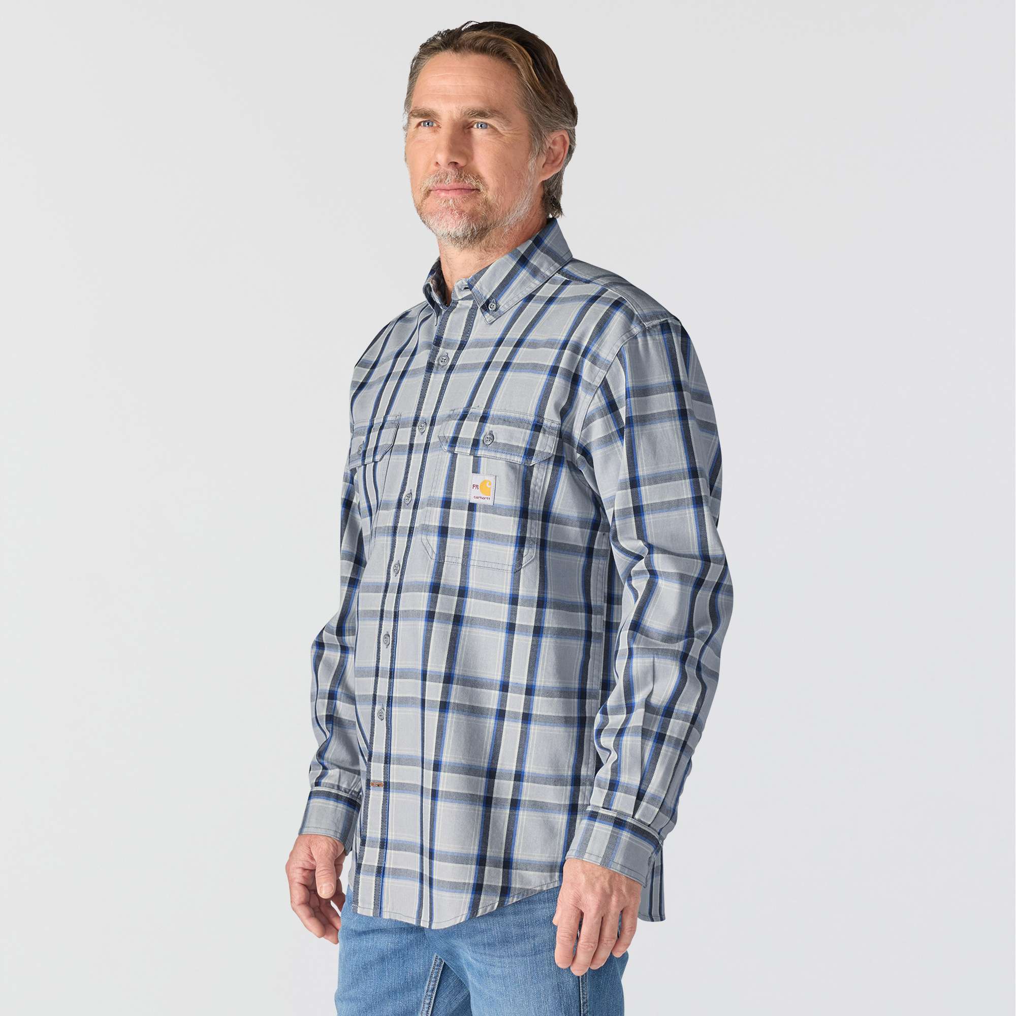 Men's fr loose fit long sleeve twill plaid shirt - flame resistant shirts 