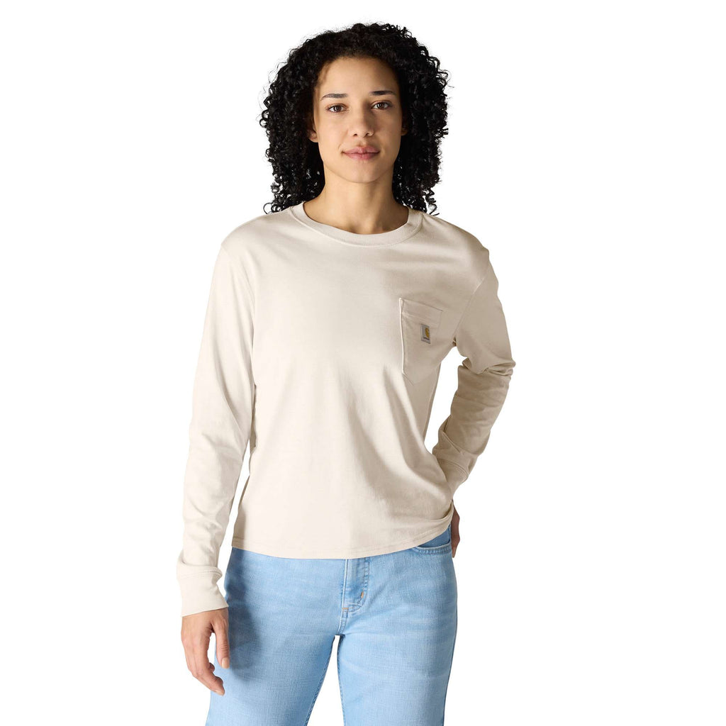 Women's tencel loose fit long sleeve crewneck pocket t-shirt