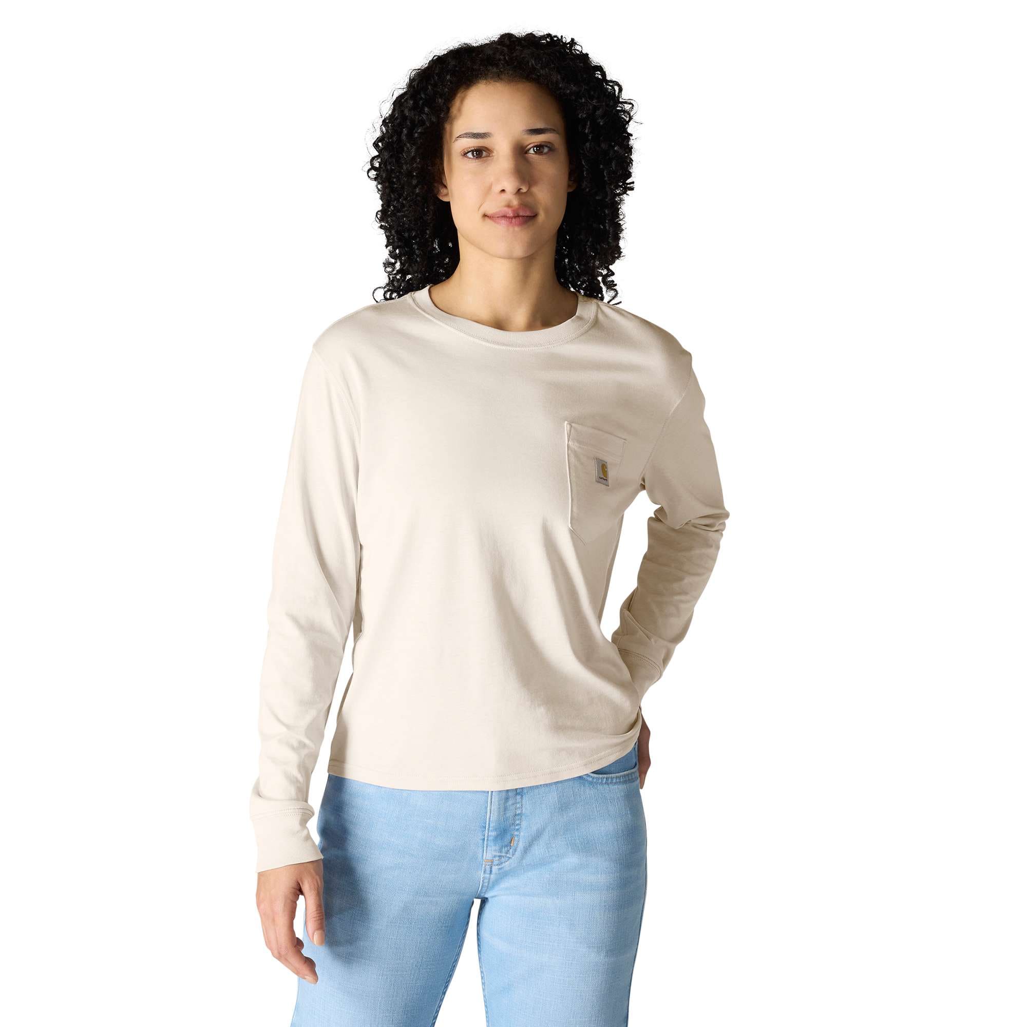 Women's tencel loose fit long sleeve crewneck pocket t-shirt
