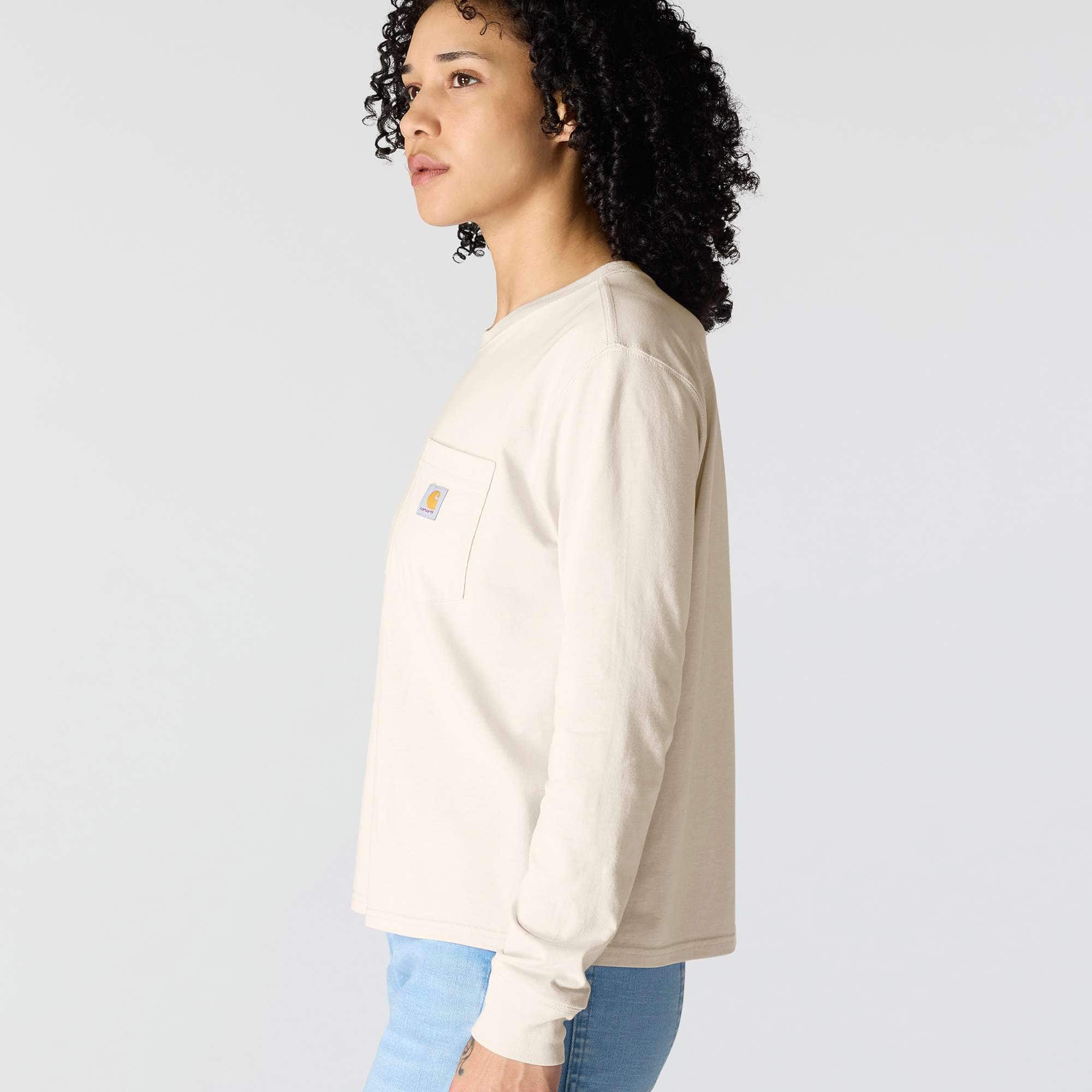Women's tencel loose fit long sleeve crewneck pocket t-shirt