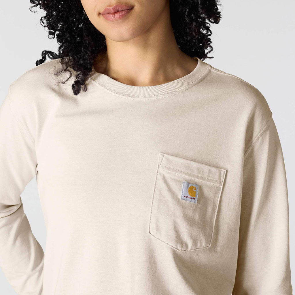 Women's tencel loose fit long sleeve crewneck pocket t-shirt