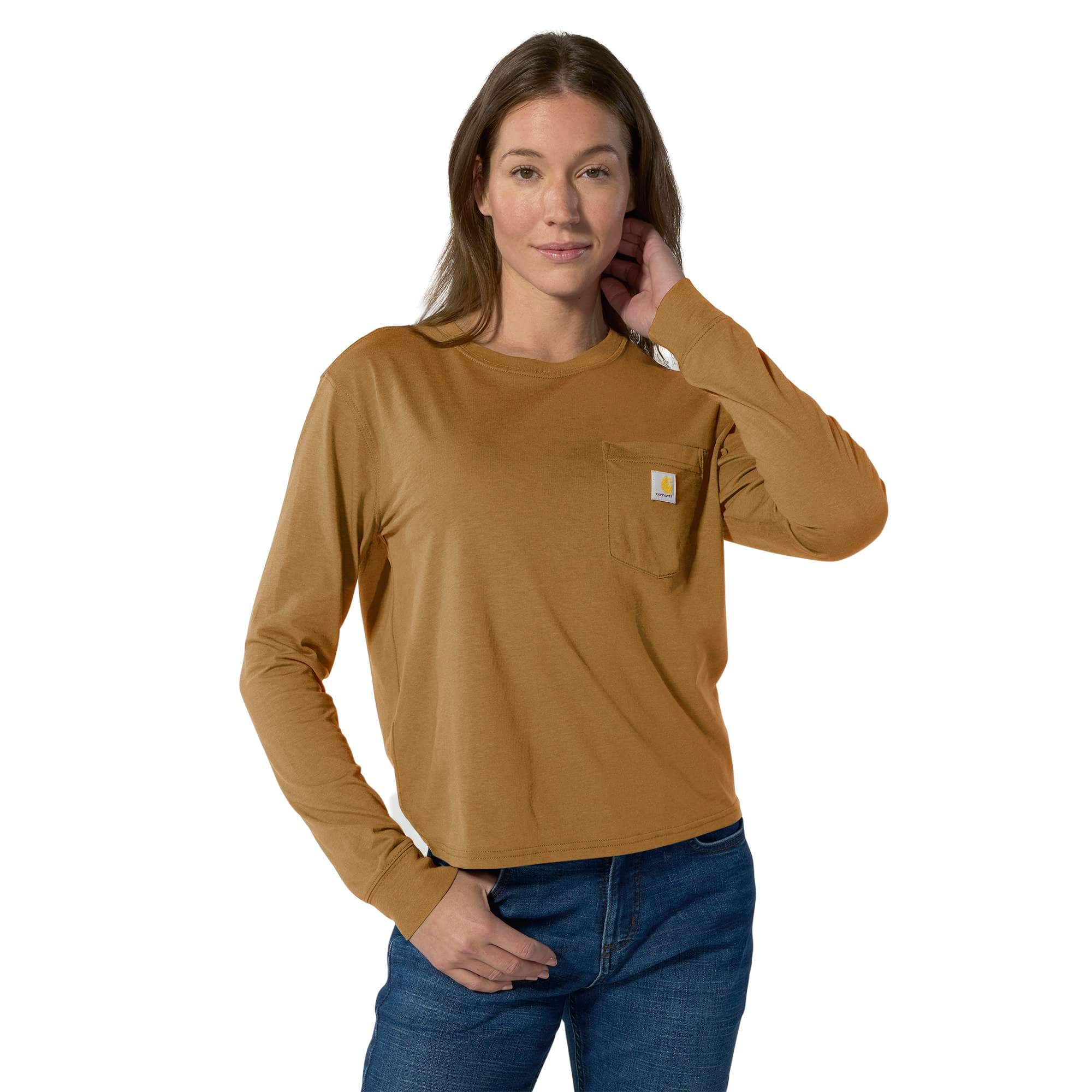 Women's tencel loose fit long sleeve crewneck pocket t-shirt