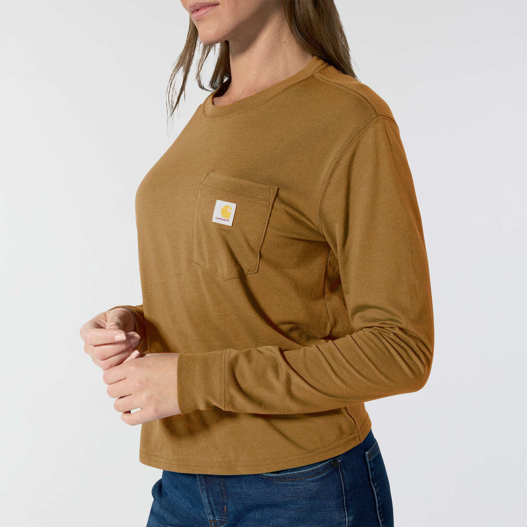 Women's tencel loose fit long sleeve crewneck pocket t-shirt