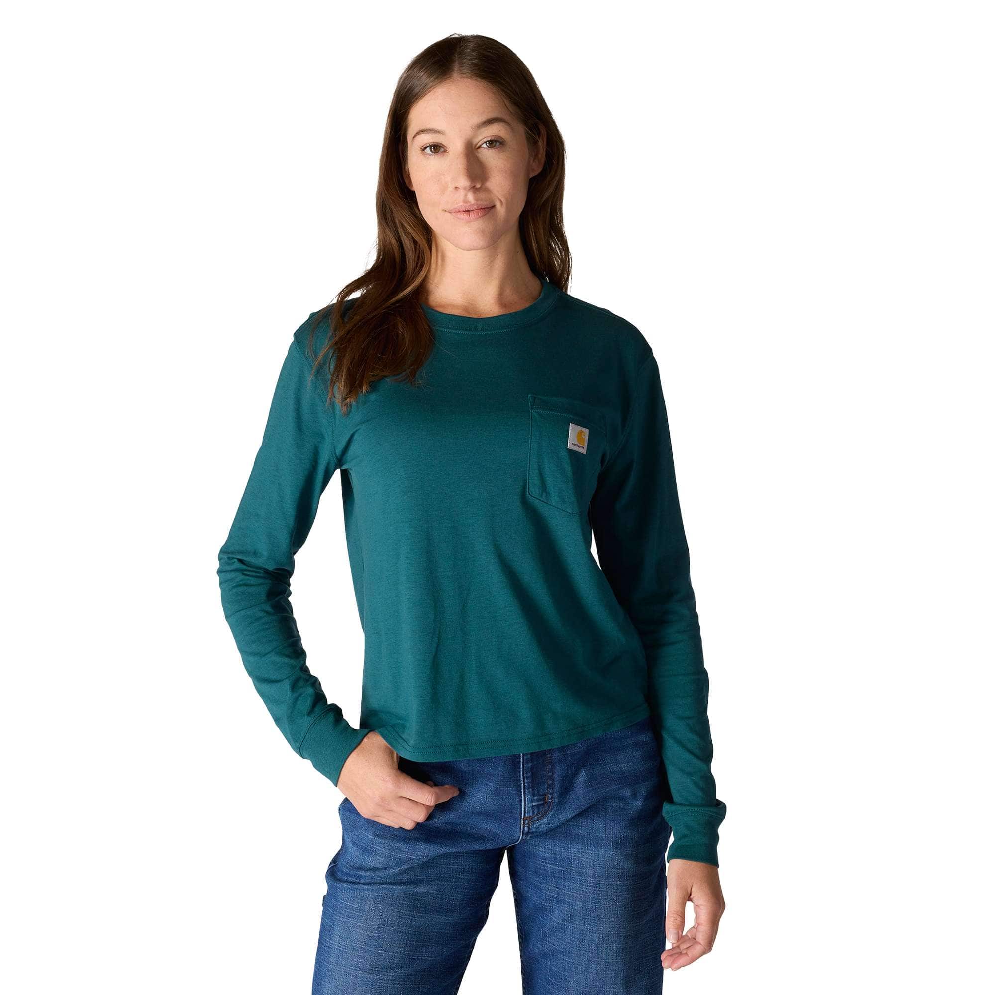 Women's tencel loose fit long sleeve crewneck pocket t-shirt