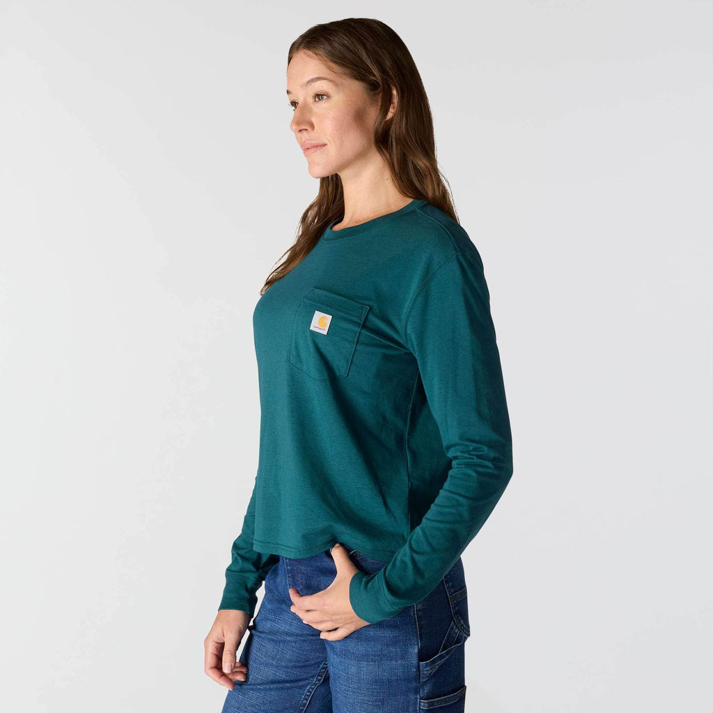 Women's tencel loose fit long sleeve crewneck pocket t-shirt