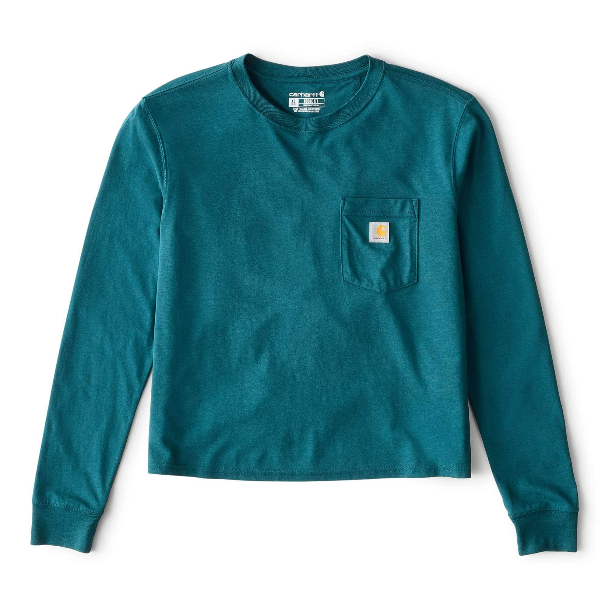Women's tencel loose fit long sleeve crewneck pocket t-shirt