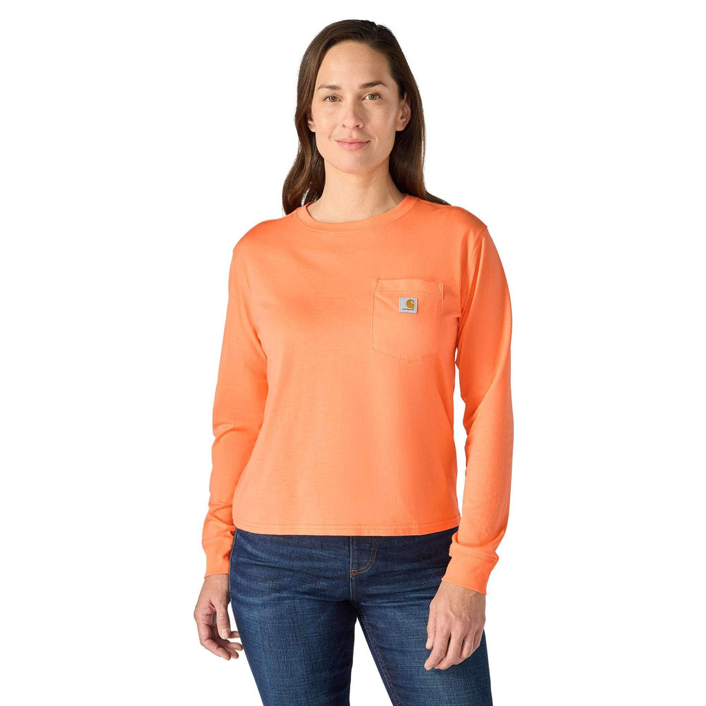 Women's tencel loose fit long sleeve crewneck pocket t-shirt