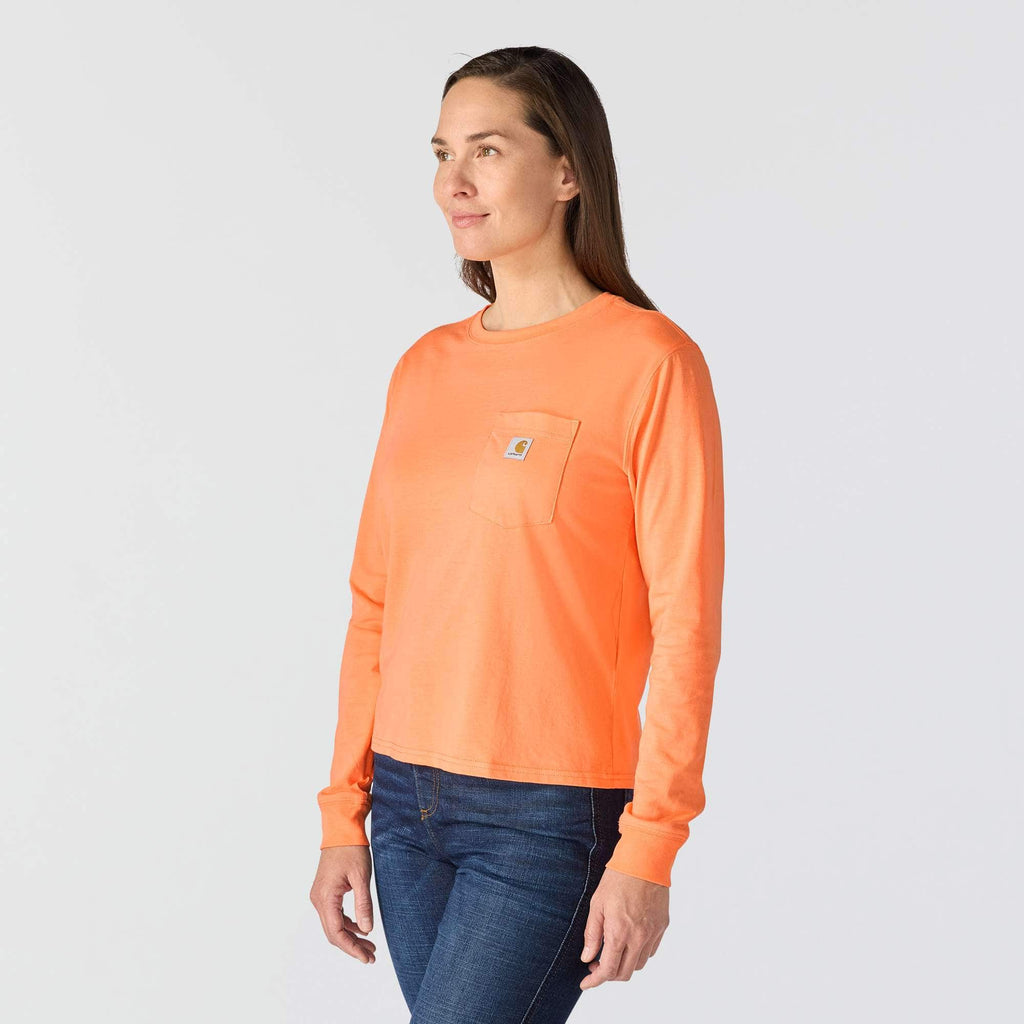 Women's tencel loose fit long sleeve crewneck pocket t-shirt