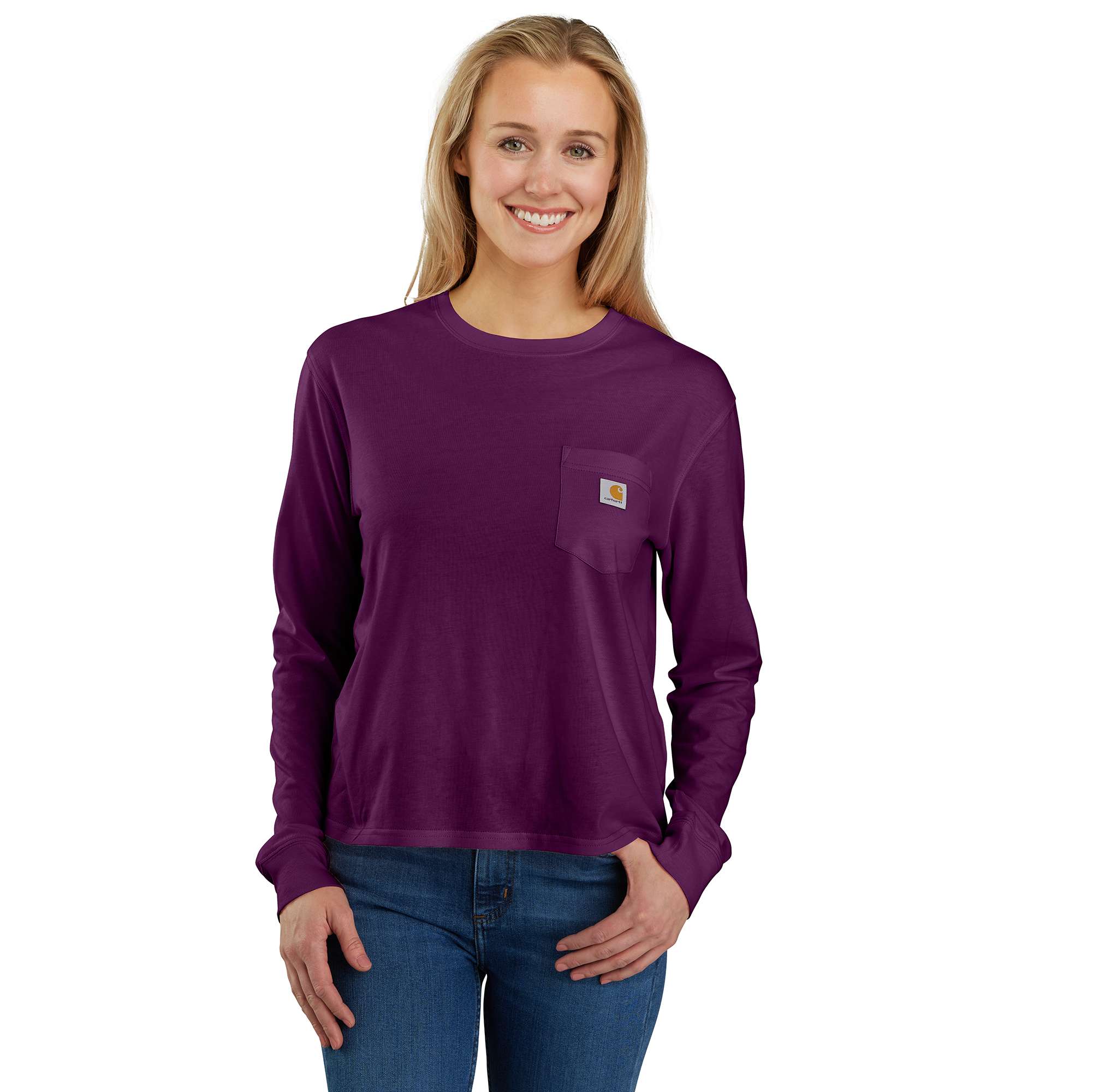 Women's tencel loose fit long sleeve crewneck pocket t-shirt