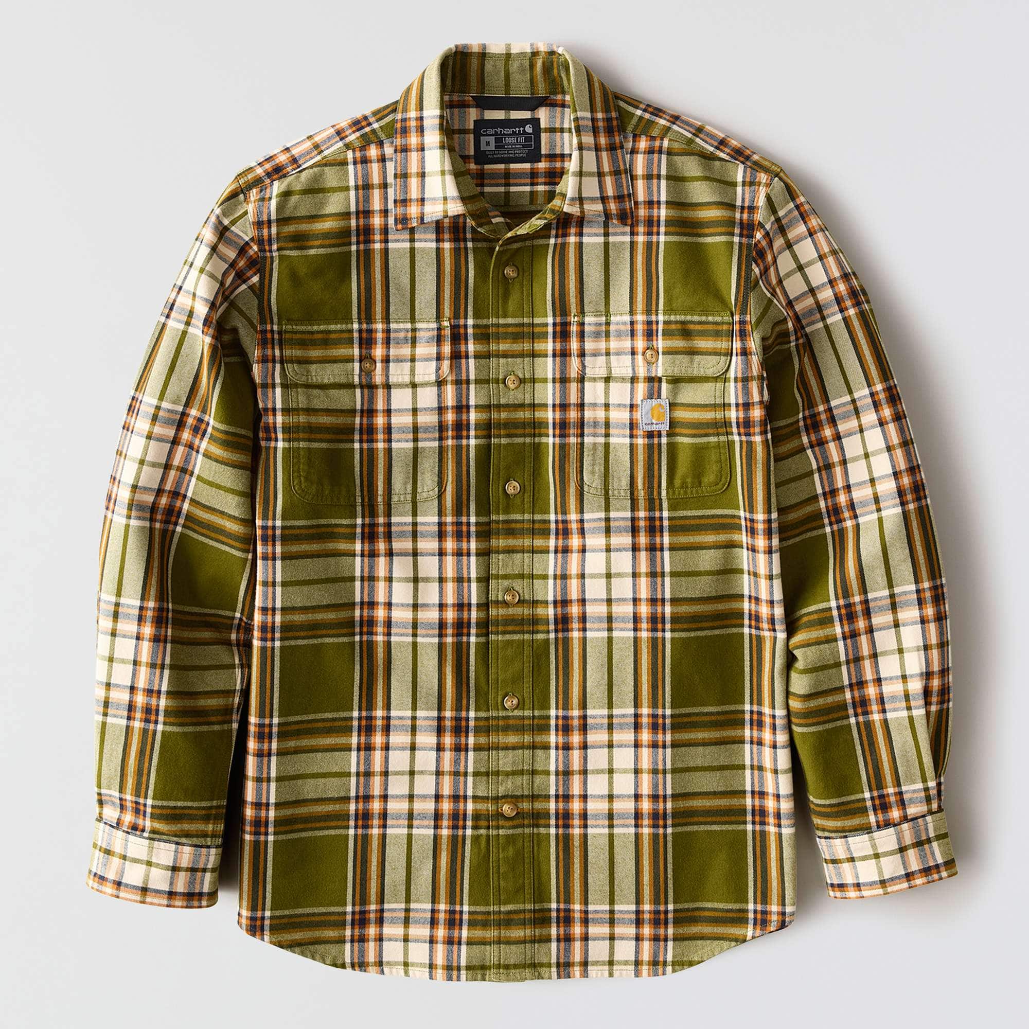 Loose fit heavyweight flannel long-sleeve plaid shirt