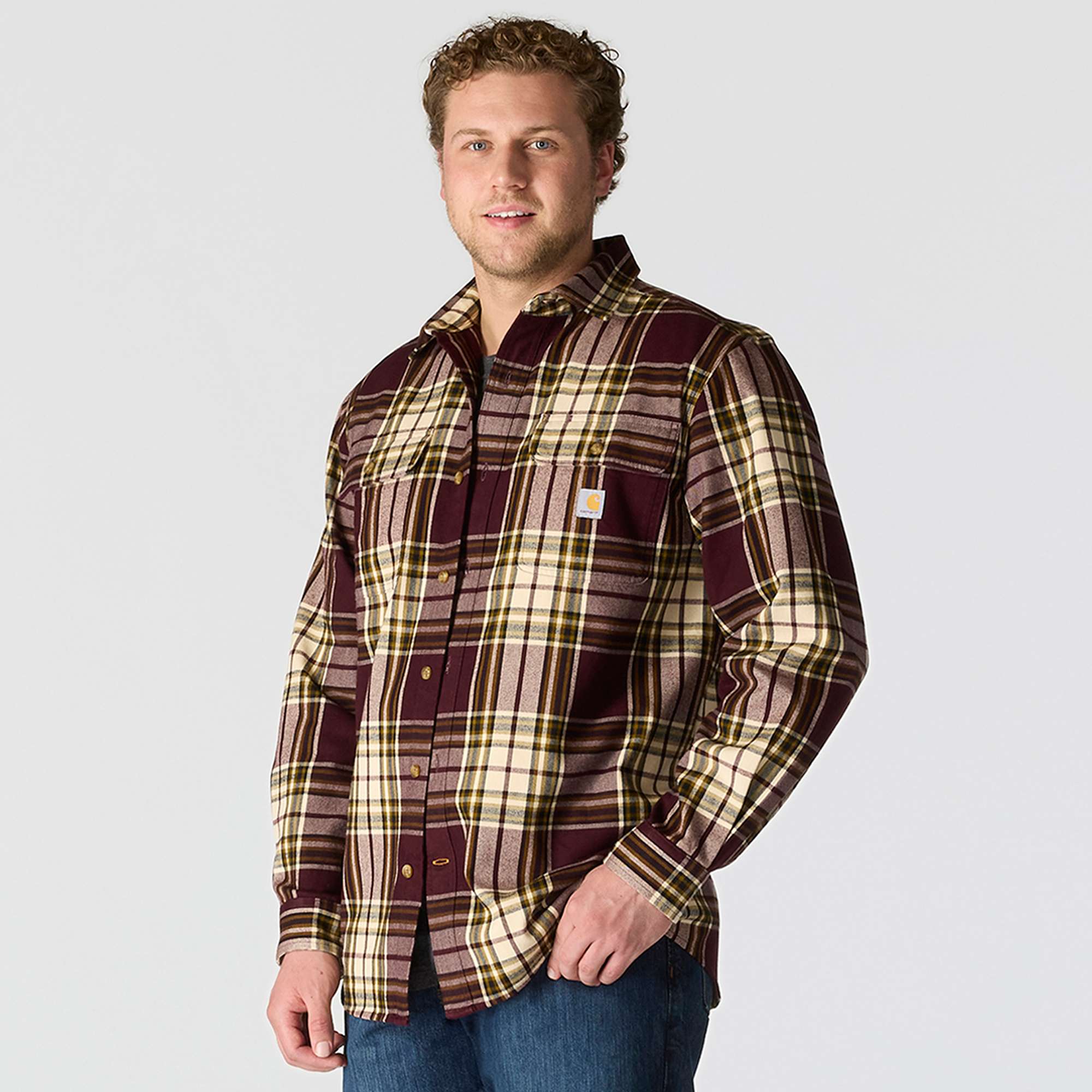 Loose fit heavyweight flannel long-sleeve plaid shirt