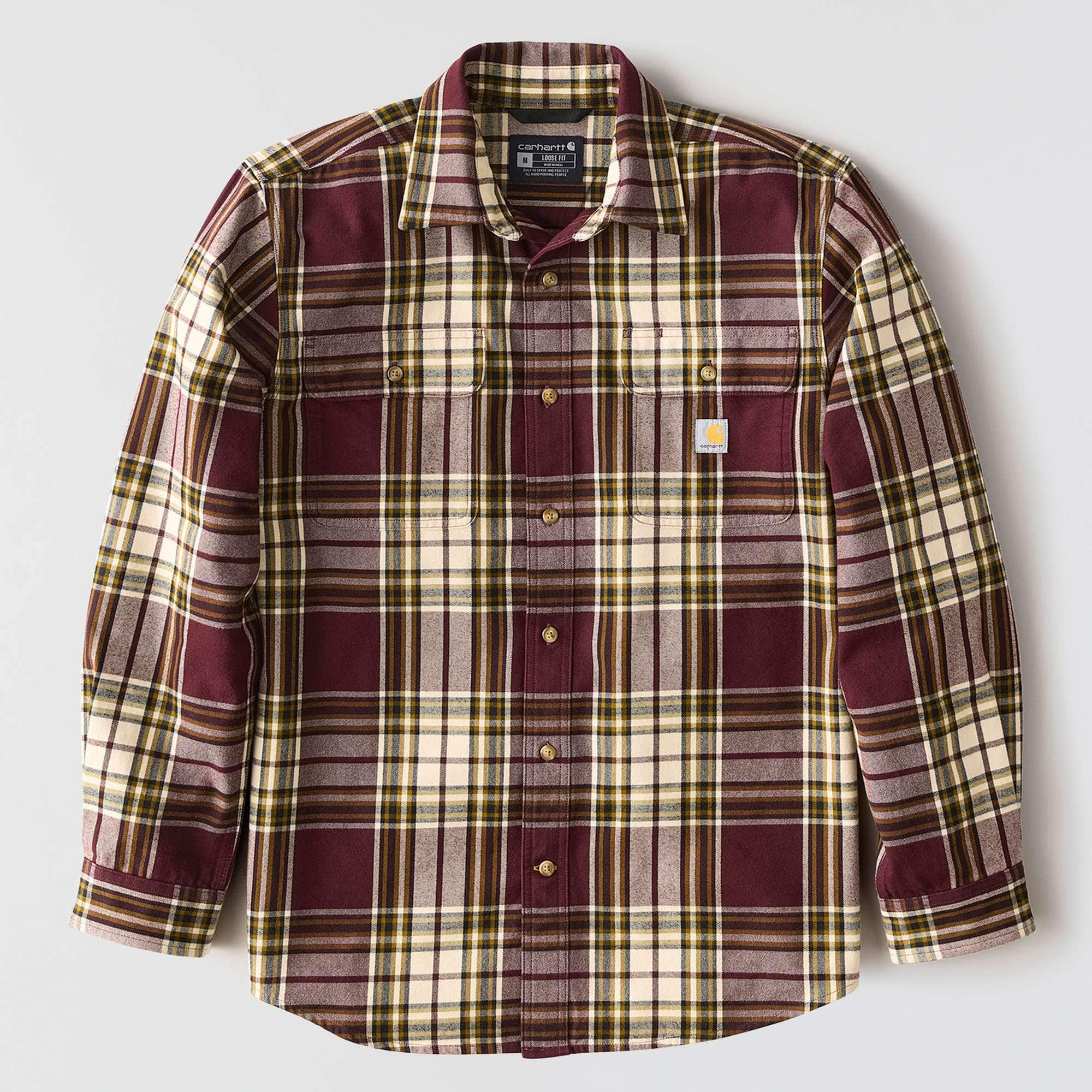 Loose fit heavyweight flannel long-sleeve plaid shirt
